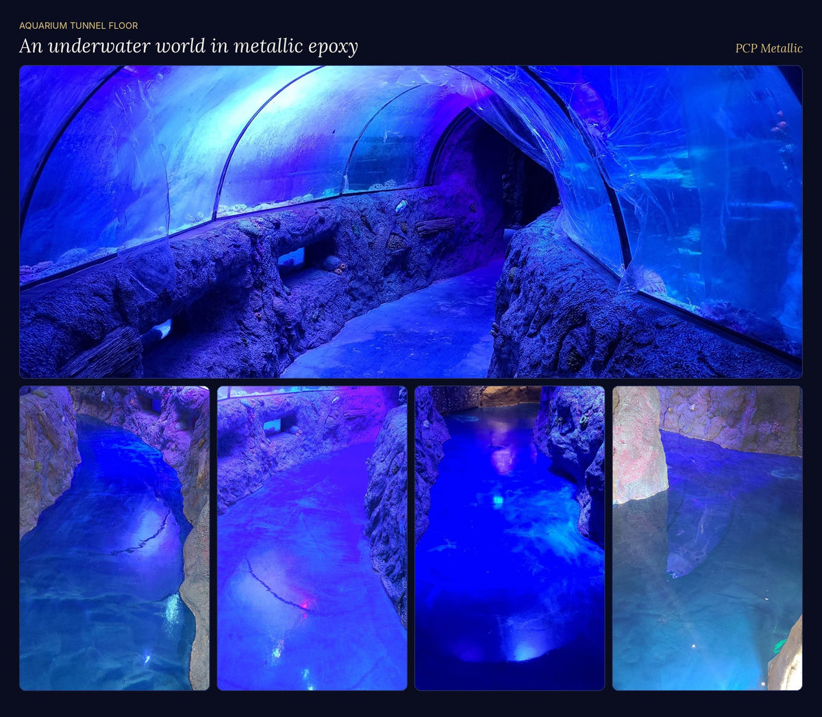 Aquarium tunnel with a blue metallic epoxy floor that looks like flowing water