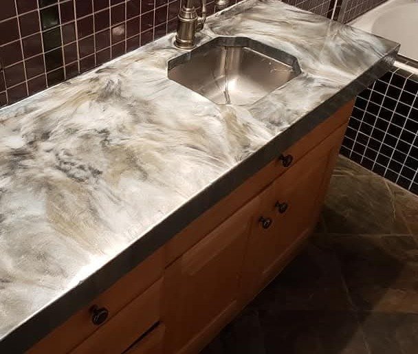 White and silver marble-look metallic vanity top