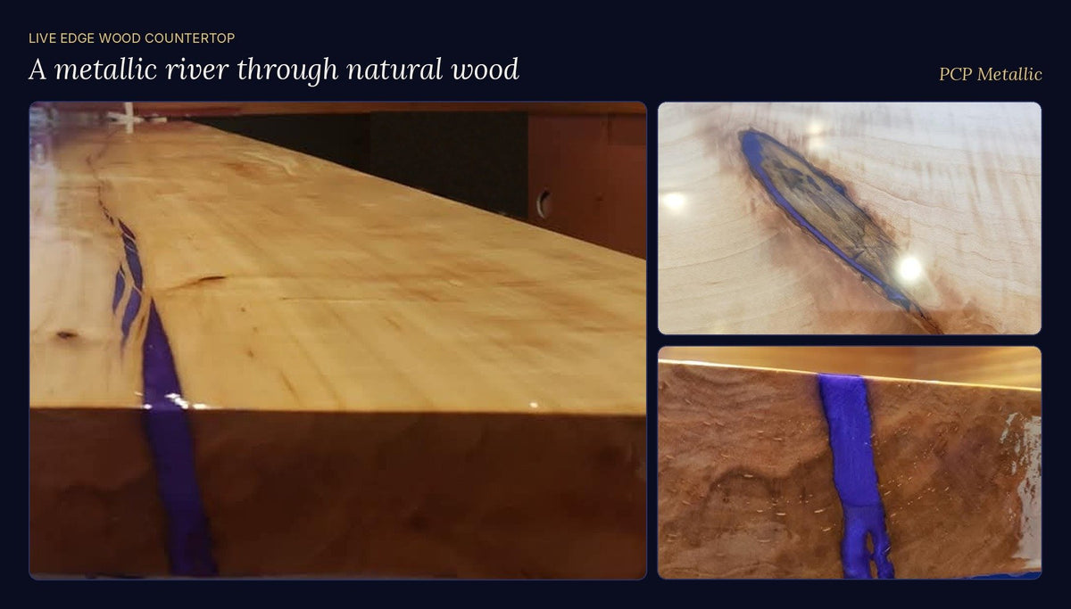 Live edge wood bar top with a purple metallic epoxy river and filled knots